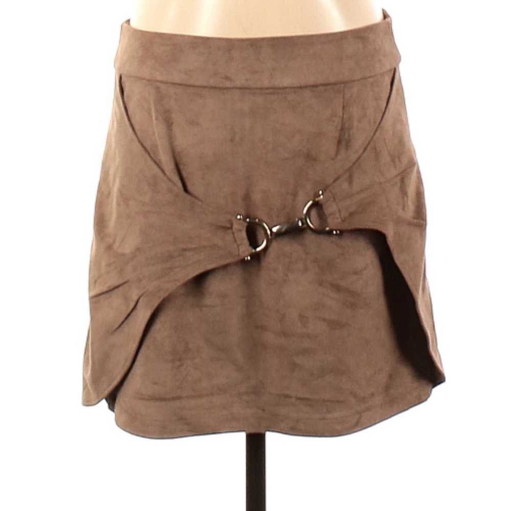 Union of Angels Faux Suede Buckle Neutral Mini Skirt